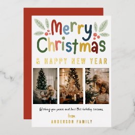 Foto van de moderne Cute Colorful Merry-kerstfamil Folie Feestdagenkaart