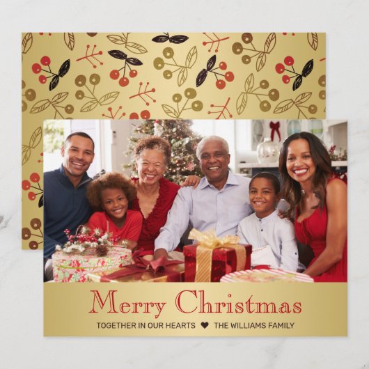 Foto van de moderne Gold Red Botanical kerstfamili Feestdagenkaart (Voorkant / Achterkant)