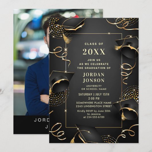 Foto van de moderne Golden Black Graduation Party Kaart (Voorkant / Achterkant)
