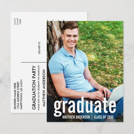 Foto van de moderne Graduation Party Afstuderen Uitnodiging Briefkaart (Voorkant / Achterkant)