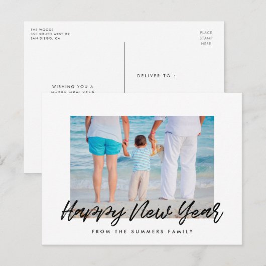 Foto van de moderne Happy New Year-vakantiefamilie Briefkaart (Voorkant / Achterkant)