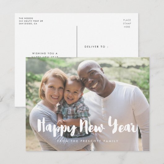 Foto van de moderne Happy Nieuwjaar-familie Briefkaart (Voorkant / Achterkant)
