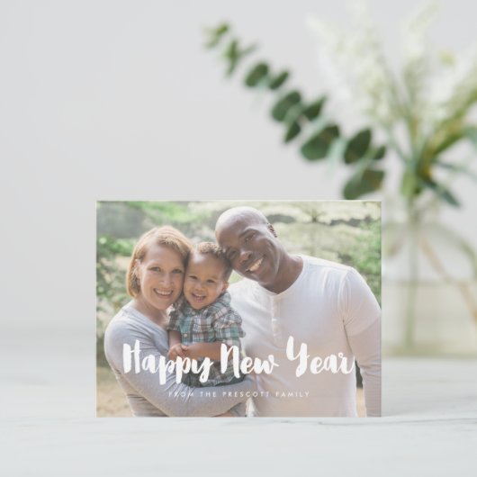Foto van de moderne Happy Nieuwjaar-familie Briefkaart (Staand voorkant)
