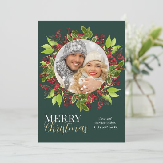 Foto van de moderne kerstWaterverf botanische foto Feestdagenkaart (Staand voorkant)