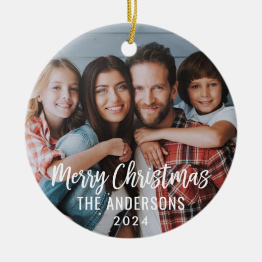 Foto van de moderne Manuscript Merry-kerstfamilie Keramisch Ornament (Voorkant)