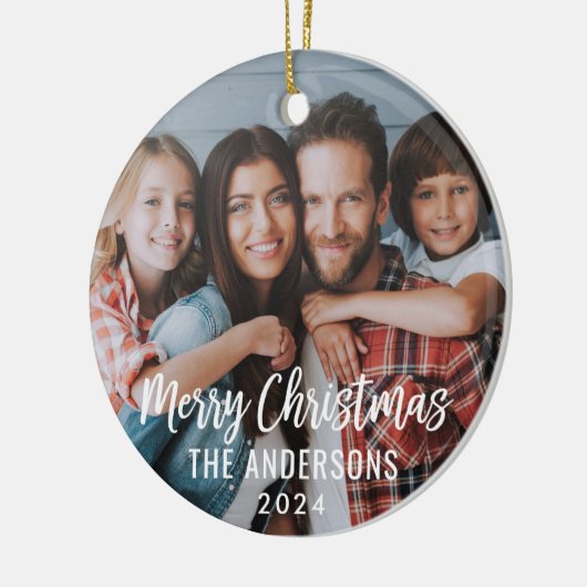 Foto van de moderne Manuscript Merry-kerstfamilie Keramisch Ornament (Links)