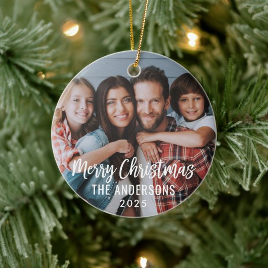 Foto van de moderne Manuscript Merry-kerstfamilie Keramisch Ornament (Boom)