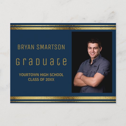 Foto van de moderne Navy Blue Gold Graduation Part Briefkaart (Voorkant)