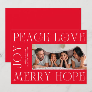 Foto van de moderne Red White MERRY JOY PEACE LOVE Feestdagenkaart
