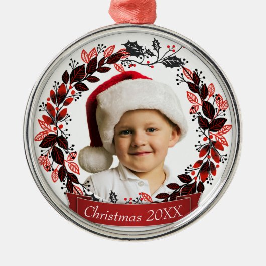 Foto van de moderne Rood en Zwarte Kerstmis Metalen Ornament (Voorkant)