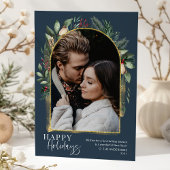 Foto van de moderne Script Navy Greenery Gold Arch Feestdagenkaart