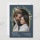 Foto van de moderne Script Navy Greenery Gold Arch Feestdagenkaart (Voorkant)