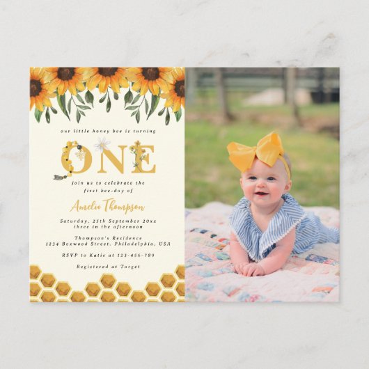 Foto van de moderne zonnebloem Eerste Bijendag Uitnodiging Briefkaart (Voorkant)