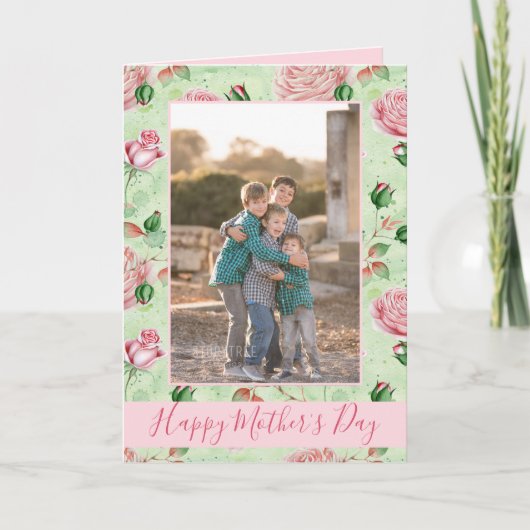 Foto van de moederdag roze en groene florale fotog kaart (Voorkant)