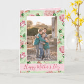 Foto van de moederdag roze en groene florale fotog kaart (Gele Bloem)