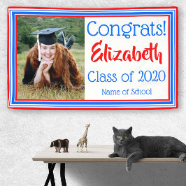 Foto van de rode witte en blauwe school spandoek