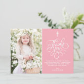 Foto van de roze eerste Heilige Communie Bedankkaart (Staand voorkant)