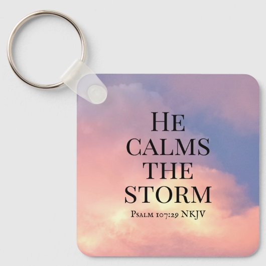 Foto van de roze hemel Hij kalmeert de Bijbelversi Sleutelhanger (Voorkant)