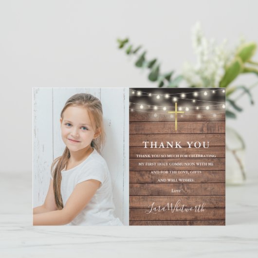 Foto van de Rustic String Lights eerste Heilige Co Bedankkaart (Staand voorkant)