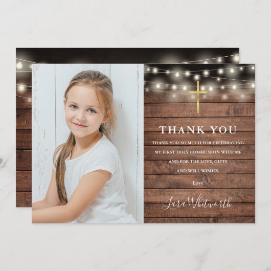 Foto van de Rustic String Lights eerste Heilige Co Bedankkaart (Voorkant / Achterkant)