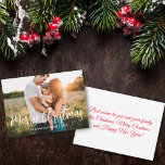 foto van de witte kalligrafie voor vrome kerst notitiekaartje<br><div class="desc">elegant stijlvol kerstfeest moderne witte kalligrafie feestelijke fotonotitiekaart,  u kunt de lettertypekleur en -stijl aanpassen. Een tweezijdige kaart op de achterzijde van de vakantieboodschap.</div>