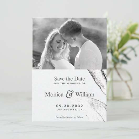 Foto van de zwarte en witte moderne grafische afdr save the date (Staand voorkant)