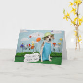 Foto van dog in clothes, "cute" theme for anyone. kaart (Gele Bloem)