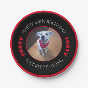 Foto van Dog Smiling Birthday 40 Black en Red Papieren Bordje