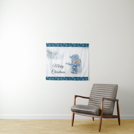 Foto van een Cute Snowman in de winter - Kerstmis Wandkleed (In Situ (horizontaal))
