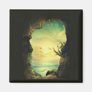 Foto van een grot die een tropisch Zee overziet Magneet