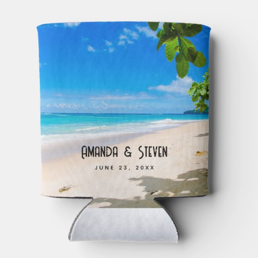 Foto van een mooie zonnige tropische strand bruilo blikjeskoeler (Achterkant)