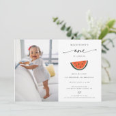 Foto van één op een meloen op de eerste verjaardag kaart (Staand voorkant)