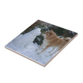 foto van een schattige akita die een sneeuwpop kus tegeltje (Zijkant)