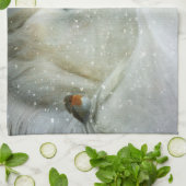 Foto van een White Horse and Bird in Winter Theedoek (Gevouwen)