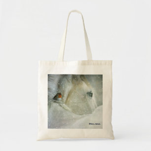 Foto van een White Horse and Bird in Winter Tote Bag