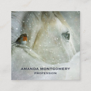 Foto van een White Horse and Bird in Winter Vierkante Visitekaartje