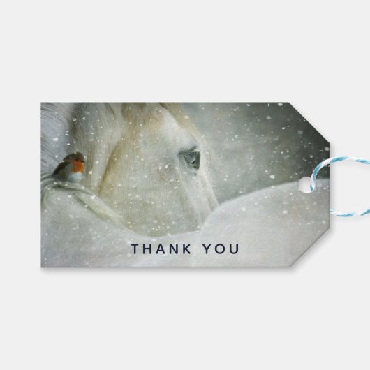 Foto van een White Horse & Bird in Winter Dank je Cadeaulabel (Voorkant (Horizontaal))