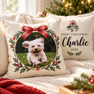 Foto van eerste kerst van hond Puppy Mistletoe Hui Kussen