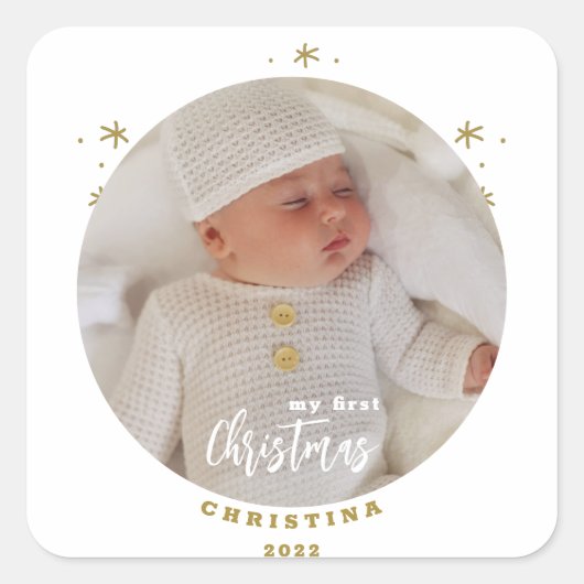 Foto van Elegant 2-Sided My First Kerstbaby Vierkante Sticker (Voorkant)