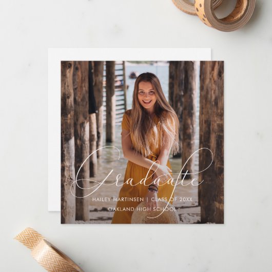 Foto van Elegant Afstuderen wit script Notitiekaartje (Voorkant / Achterkant in situ)