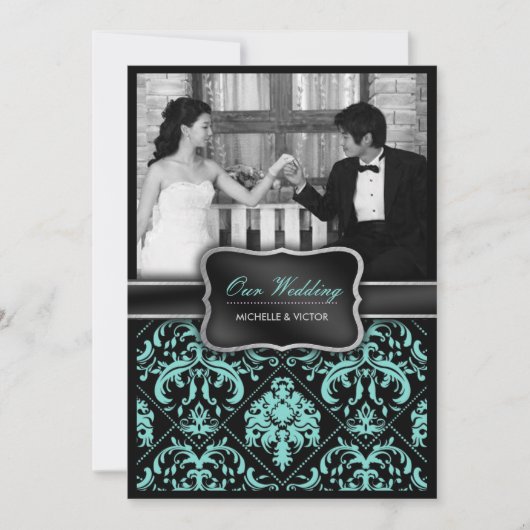 Foto van Elegant Aqua Blue en Black Damask Wedding Kaart (Voorkant)