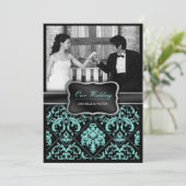 Foto van Elegant Aqua Blue en Black Damask Wedding Kaart (Staand voorkant)
