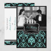 Foto van Elegant Aqua Blue en Black Damask Wedding Kaart (Voorkant / Achterkant)