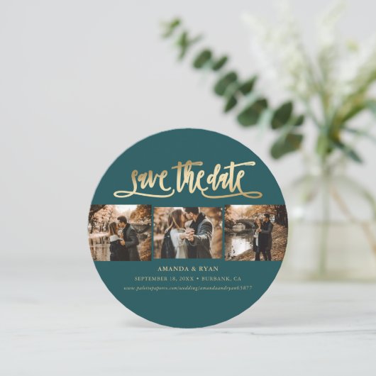 Foto van Elegant Blauwgroen en Gold Wedding Save The Date (Staand voorkant)