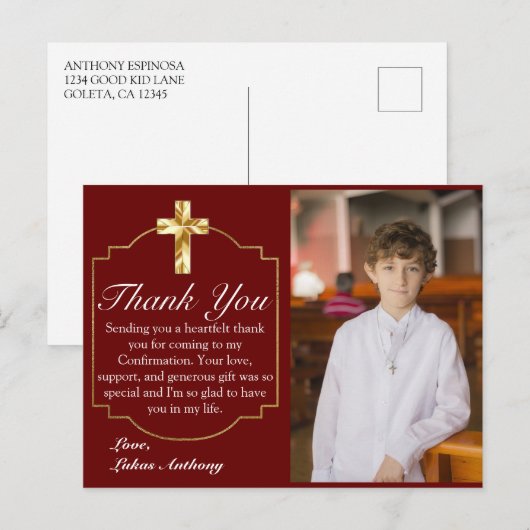 Foto van Elegant Burgundy Gold Cross - Bevestiging Briefkaart (Voorkant / Achterkant)