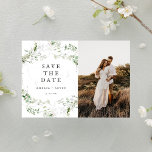 Foto van Elegant Earthy Greenery Save The Date<br><div class="desc">Mooie waterverf groen lijsten je details in deze elegante en moderne versie,  en sla de datum op met foto. De achterzijde kenmerkt ruimte om het even welke extra details toe te voegen. Ideaal voor mooie gebeurtenissen op elk moment van het jaar. Dit maakt deel uit van mijn collectie "Gegrogeerd".</div>