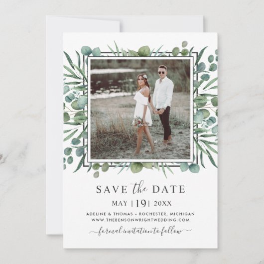 Foto van Elegant Eucalyptus Greenery Wedding Save The Date (Voorkant)