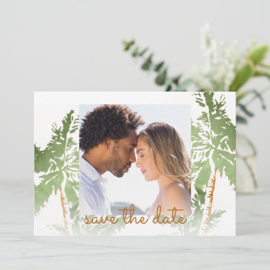 Foto van Elegant Green Gold Foil Palm Trepical Save The Date (Staand voorkant)