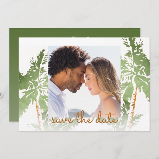 Foto van Elegant Green Gold Foil Palm Trepical Save The Date (Voorkant / Achterkant)