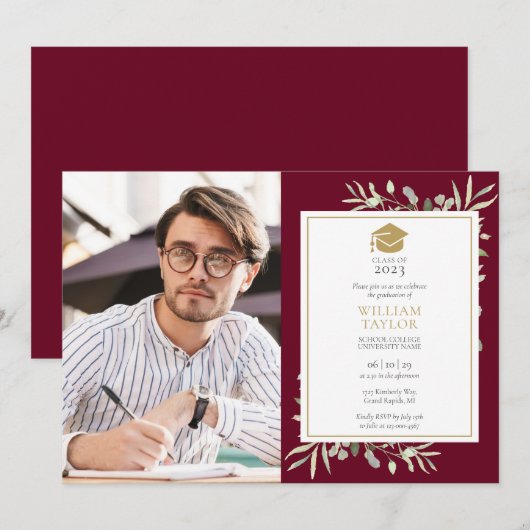 Foto van Elegant Greenery Burgundy Graduation Part Kaart (Voorkant / Achterkant)